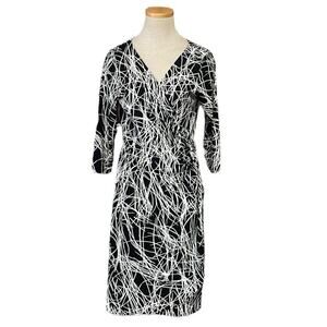 GNW Dress Women's 14 Plus Black White Print Wrap Long Sleeve Midi